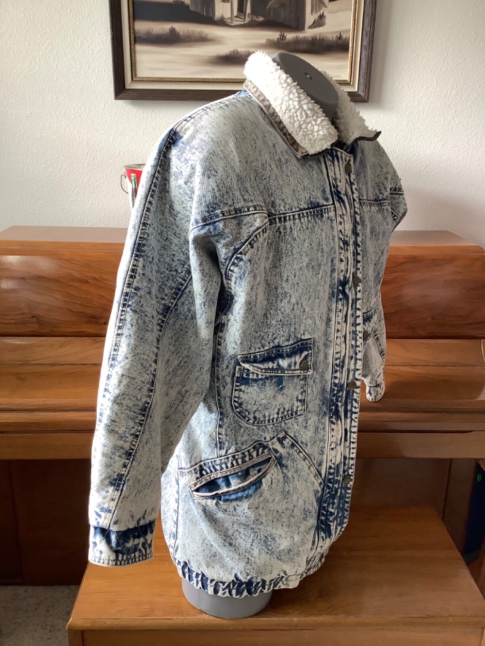 Vintage Andy Johns Woman’s ACID WASH Denim JACKET Size Medium Sherpa CHORE COAT - Picture 6 of 13